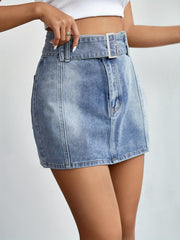 Adjustable Belt High Waist Mini Denim Skirt Women's Clothing