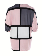  Colorblock Geometric Print Half Sleeve V Neck Mini Dress