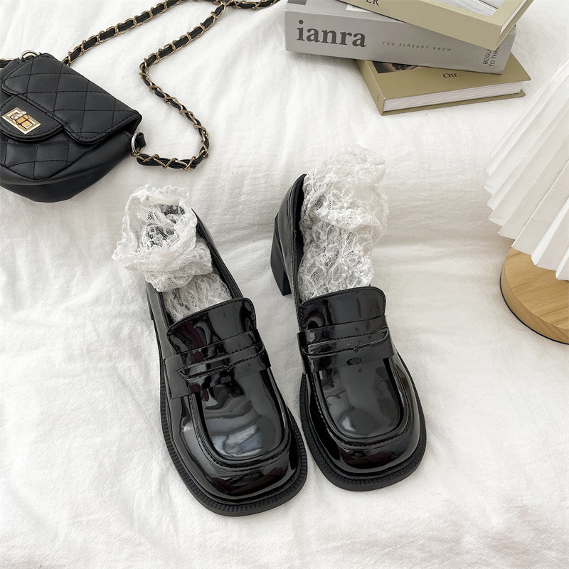 Women's Chunky Heeled Loafers, Faux Patent Leather