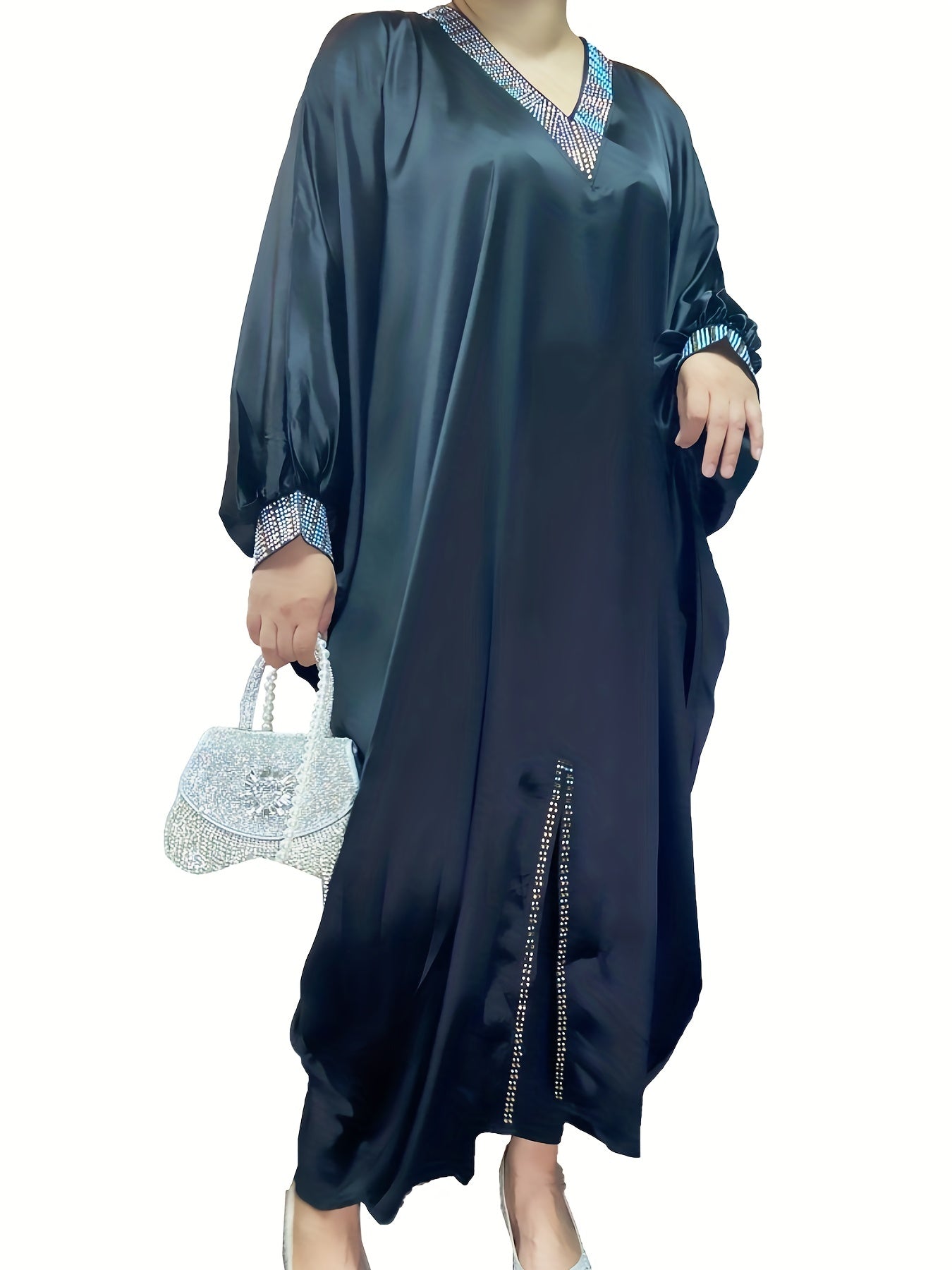  Glitter Rhinestone Satin Batwing Maxi Dress