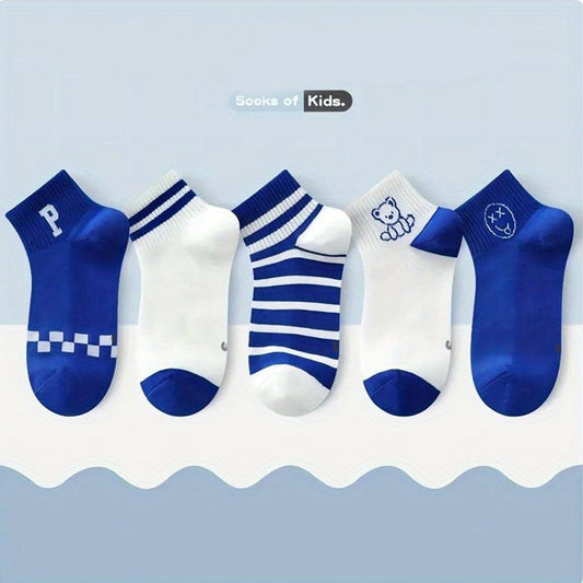 5Pairs Boys Cartoon Bear Smile Face Crew Socks for Spring Autumn Summer