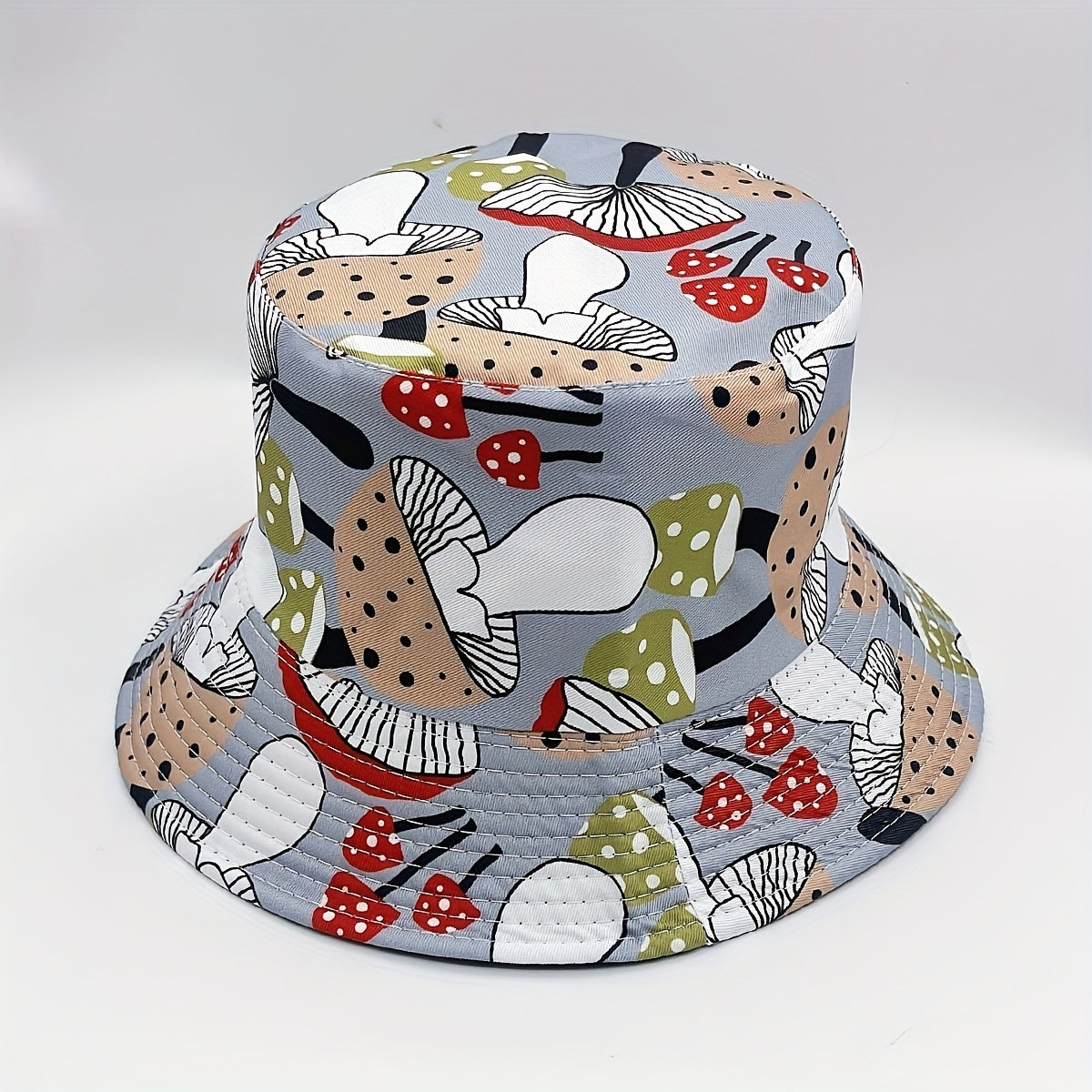 Mushroom Print Bucket Hat Grey Reversible Sunscreen Basin Hat