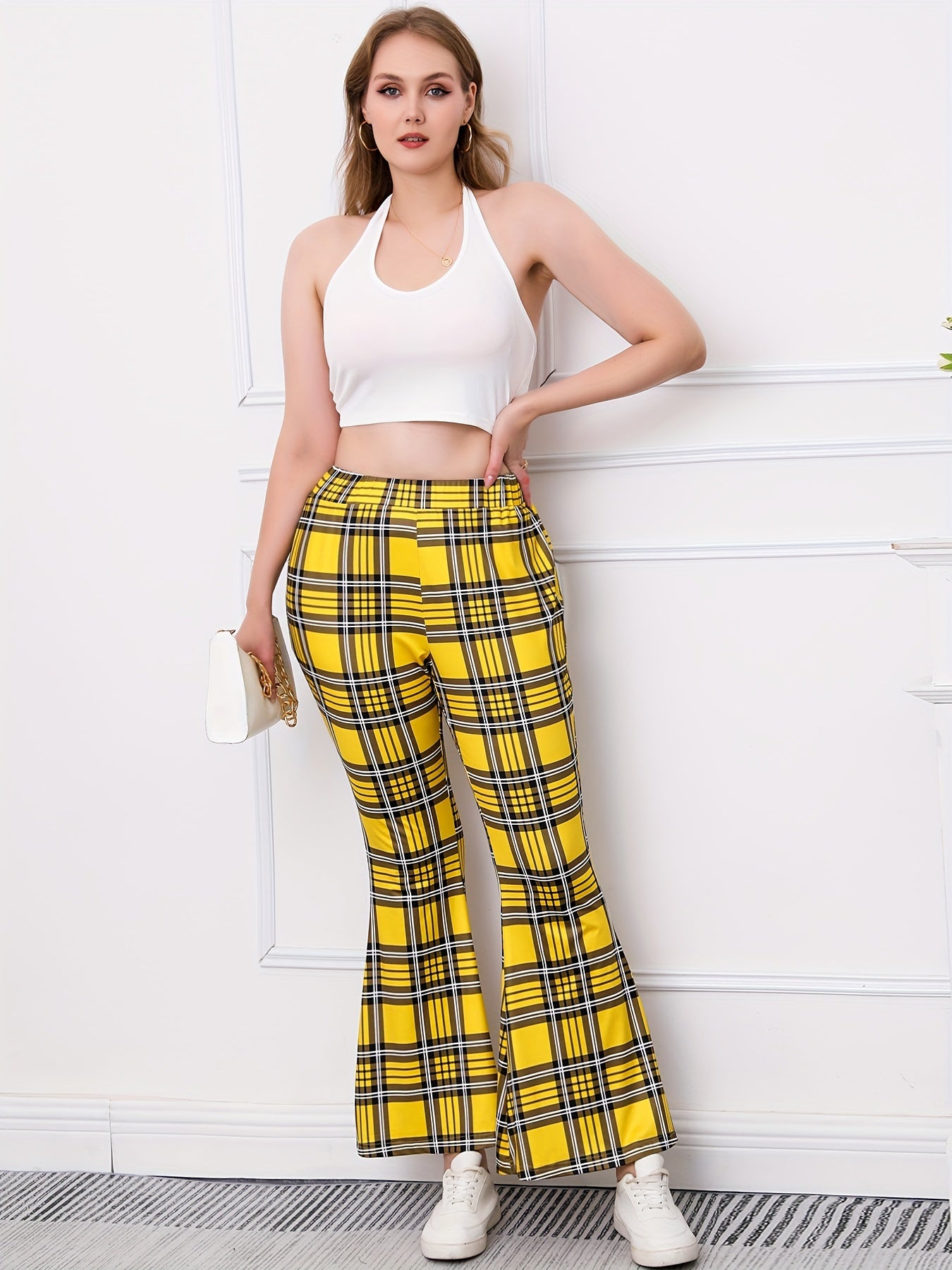  Plaid Print High Rise Flared Leggings