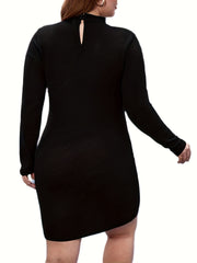  Solid Long Sleeve Cut Out Mock Neck Mini Dress