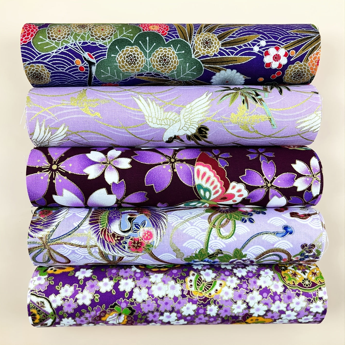 5pcs Purple Cotton Flower Printed Cheongsam Kimono Dress Fabric