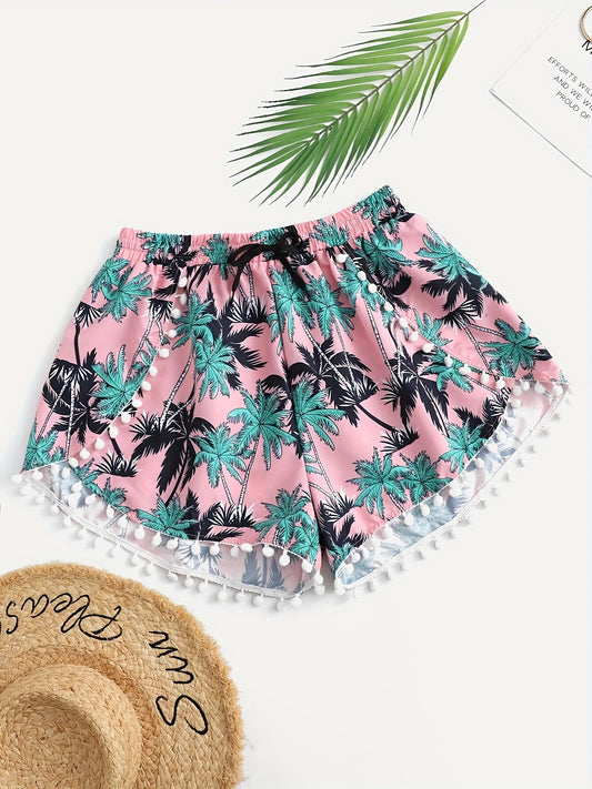  Tropical Print Mini Bow Pompom Trim Shorts