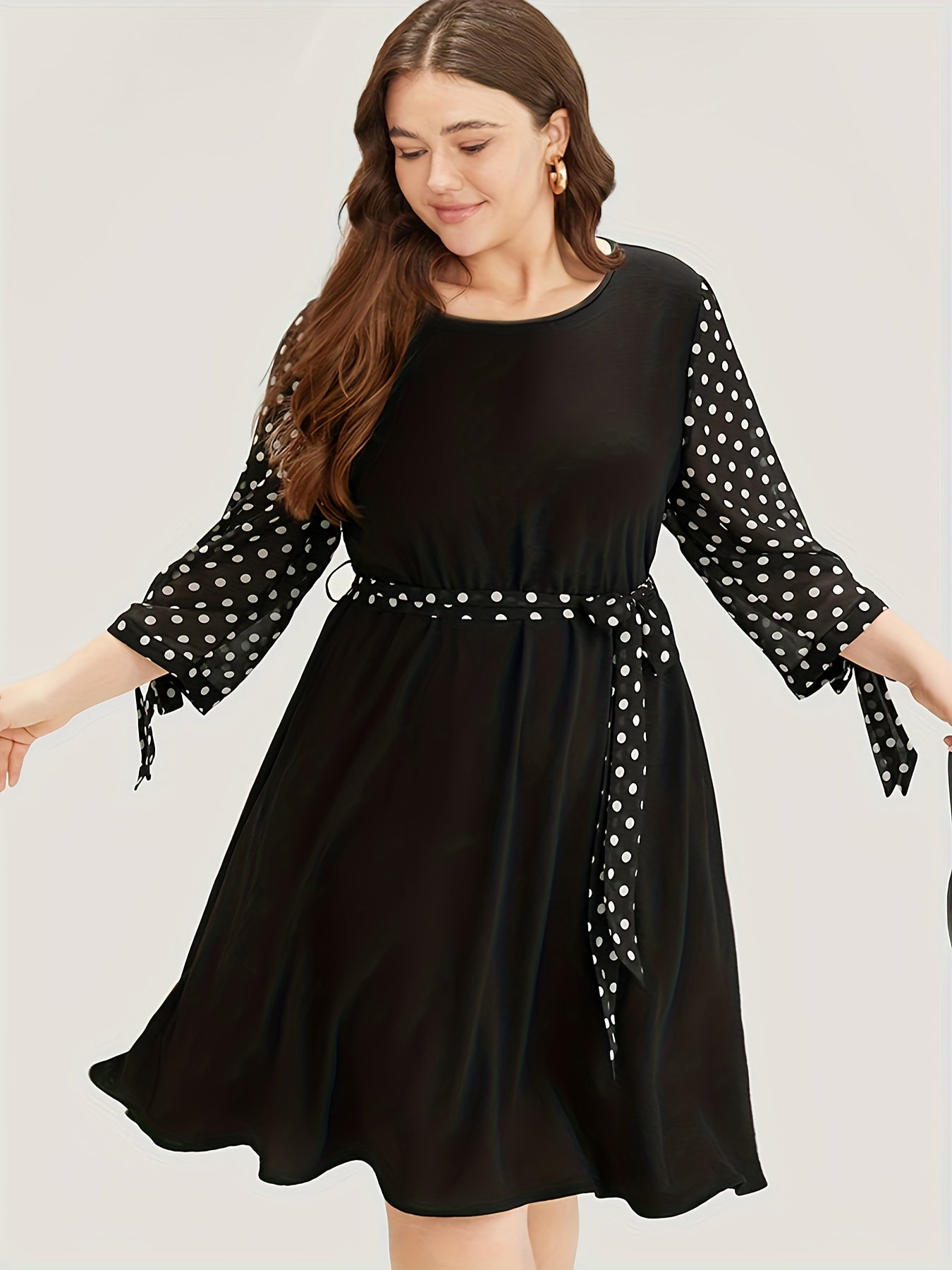 Plus Size Colorblock Dot Print Knot Sleeve Dress With Belt