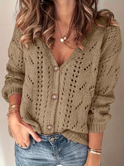 Hollow Solid Knit Cardigan Button Front Sweater