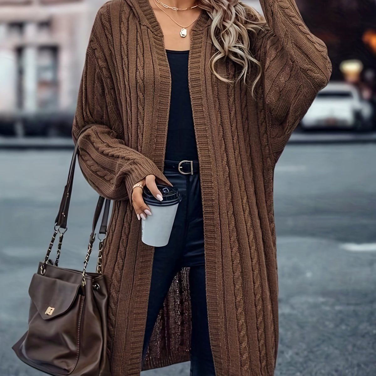  Cable Knit Open Front Hooded Sweater Cardigan