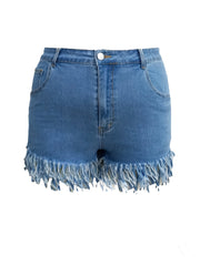  Fringe Trim High Rise Skinny Denim Shorts