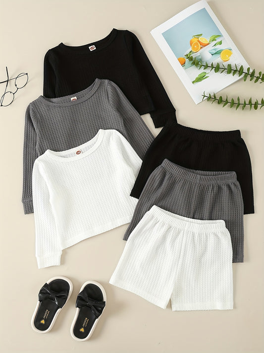 Girl's Solid 2pcs Long Sleeve Top & Shorts Set Waffle Texture Outfit