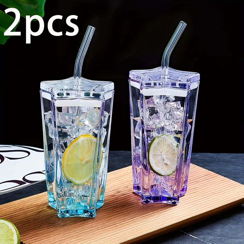 2pcs 300ml Glass Water Cocktail Cup with Straw