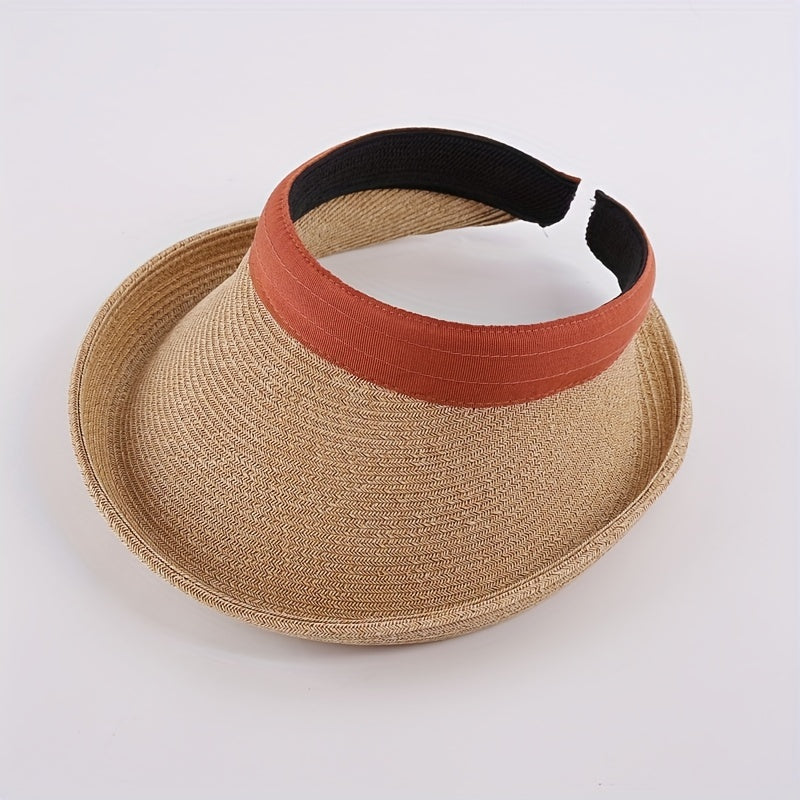UV Protection Straw Sun Hat Roll Brim Ponytail Visor Hat Vintage Beach Hats