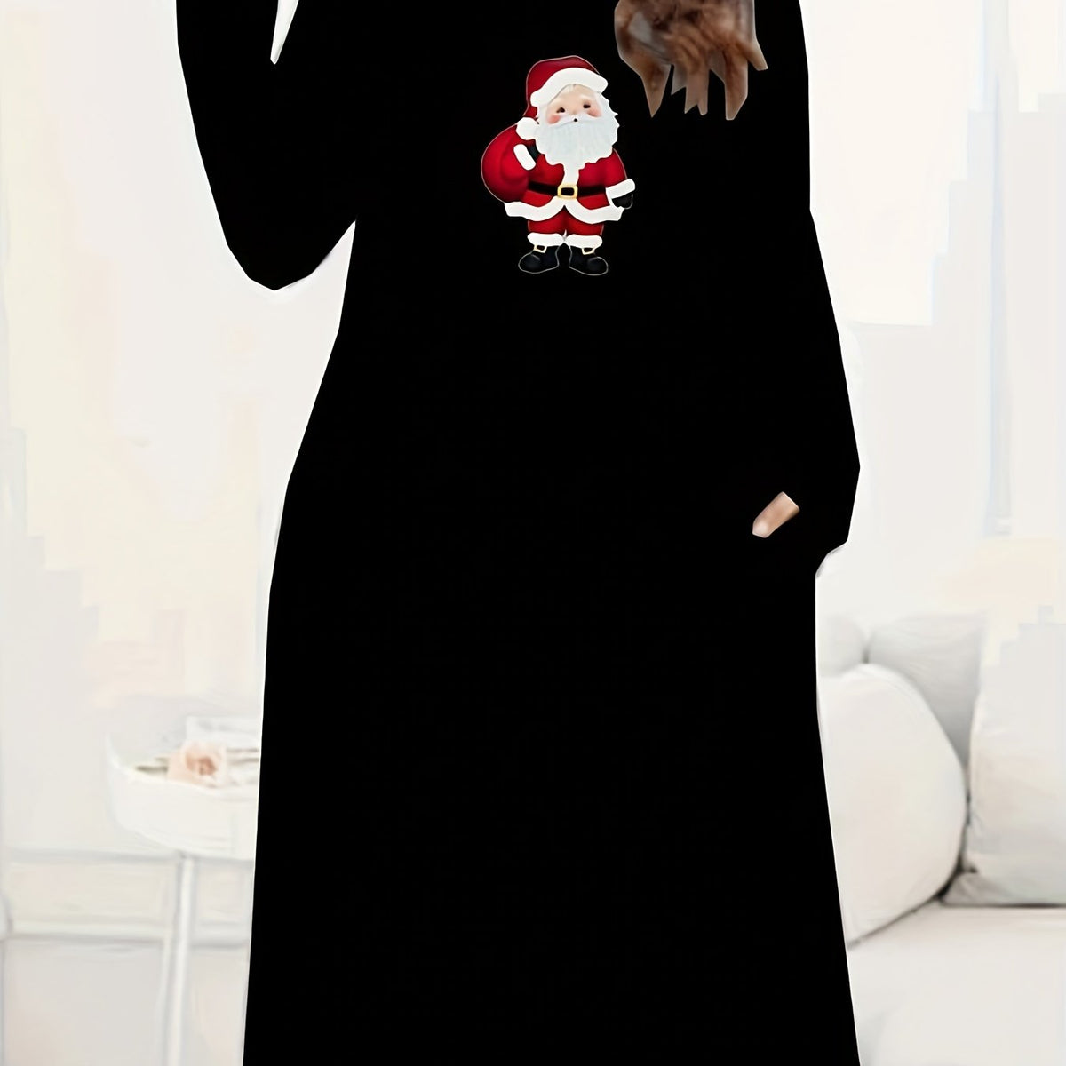 Women's Plus Santa Claus Print Long Sleeve Round Neck Tee Dress