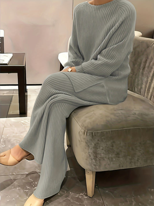  Ribbed Knit Long Sleeve Tee & Pants Outfits Set
