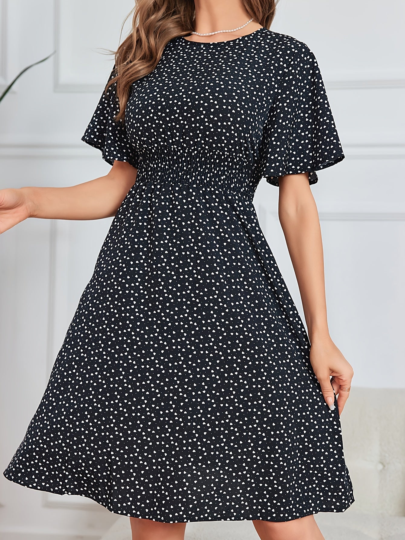 Heart Print Shirred Waist Dress Crew Neck Short Sleeve Dress