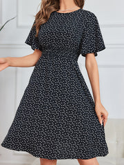 Heart Print Shirred Waist Dress Crew Neck Short Sleeve Dress