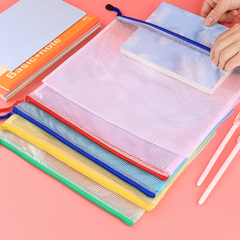 5pcs Plastic Mesh Zipper Pouch Waterproof Document Folders Bag - A4 Size