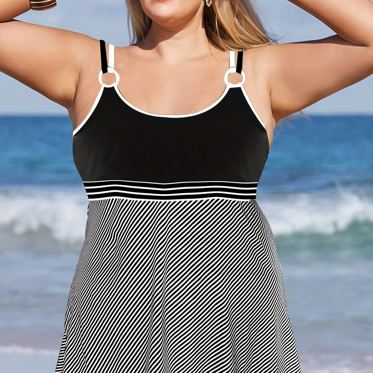  Colorblock Stripe Tankini Set with Skirt Brief