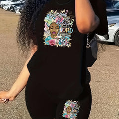  Cartoon Figure & Slogan Print 2 Piece Set