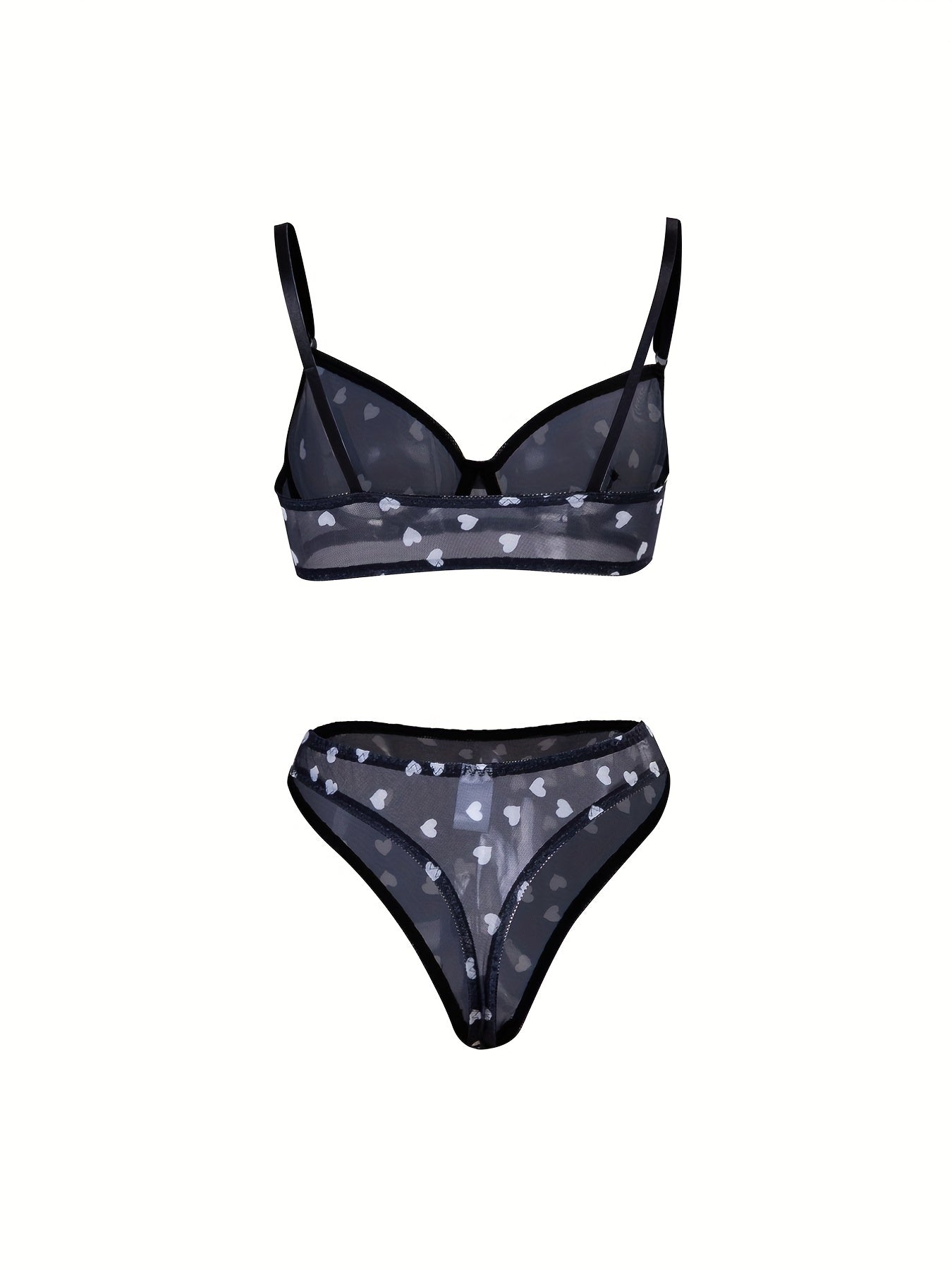  Heart Print Mesh Bra & Panty Lingerie Set