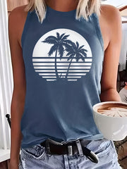 Coconut Tree Print Tank Top Crew Neck Summer Sleeveless Tank