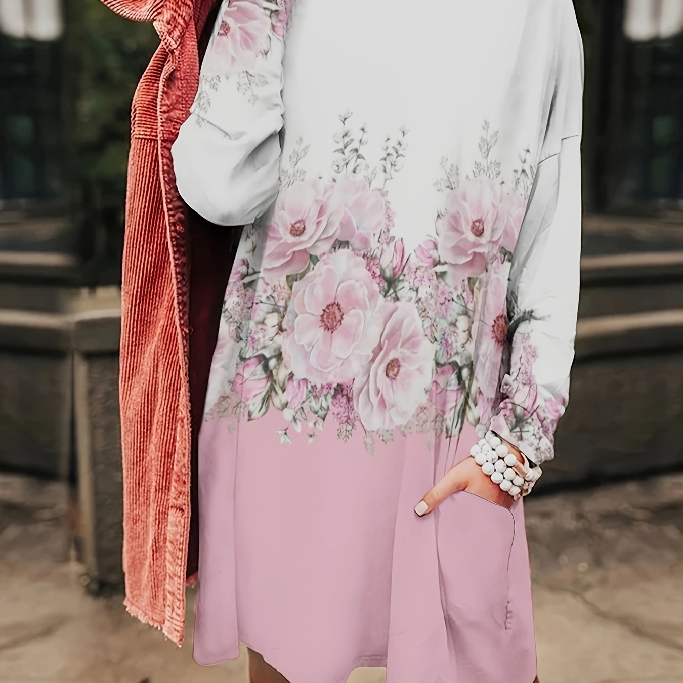 Plus Floral Print Long Sleeve Tee Dress with Pockets