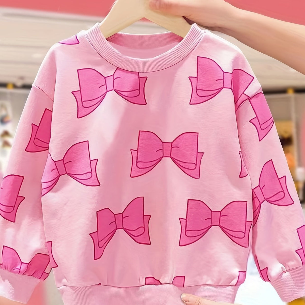 Girls Bow Print Crew Neck Sweatshirt Long Sleeve Pullover Top