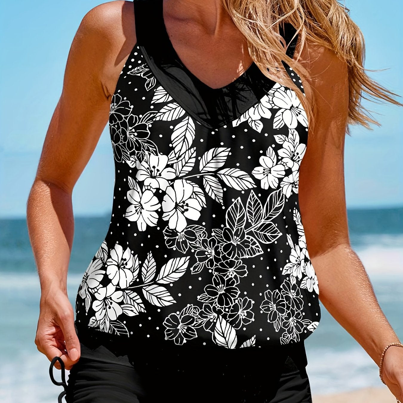 Floral & Polka Dot Plus Size Tankini Set V Neck Top & Lace Up Shorts