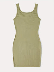  Basic Cami Dress Solid Ribbed Round Neck High Stretch Mini Summer Dres