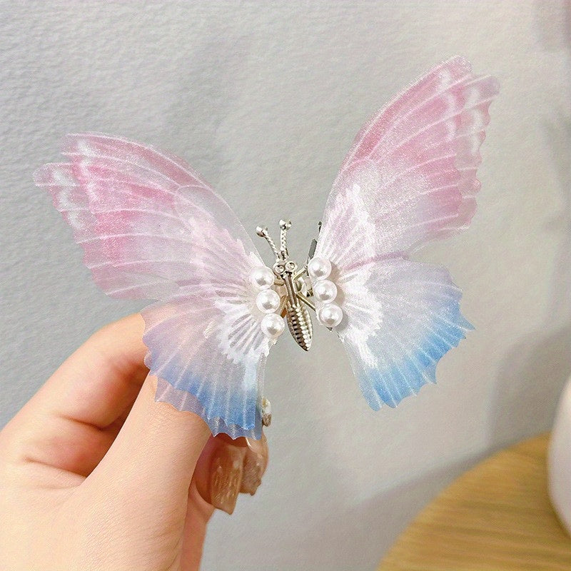 Gradient Butterfly Hair Clip Faux Pearl Non-slip Clip
