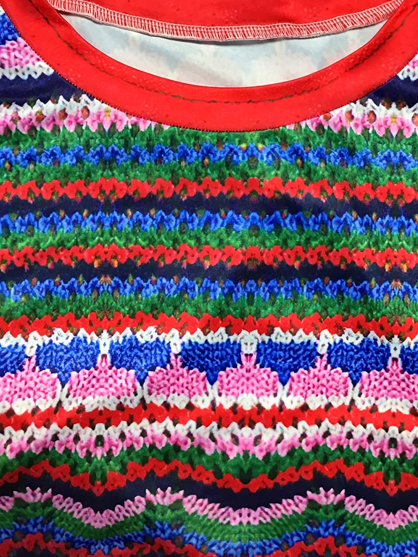  Colorblock Geo Print Long Sleeve Round Neck Dress