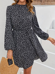 Floral Print Mock Neck Dress Elastic Waist Long Sleeve Mini Dress