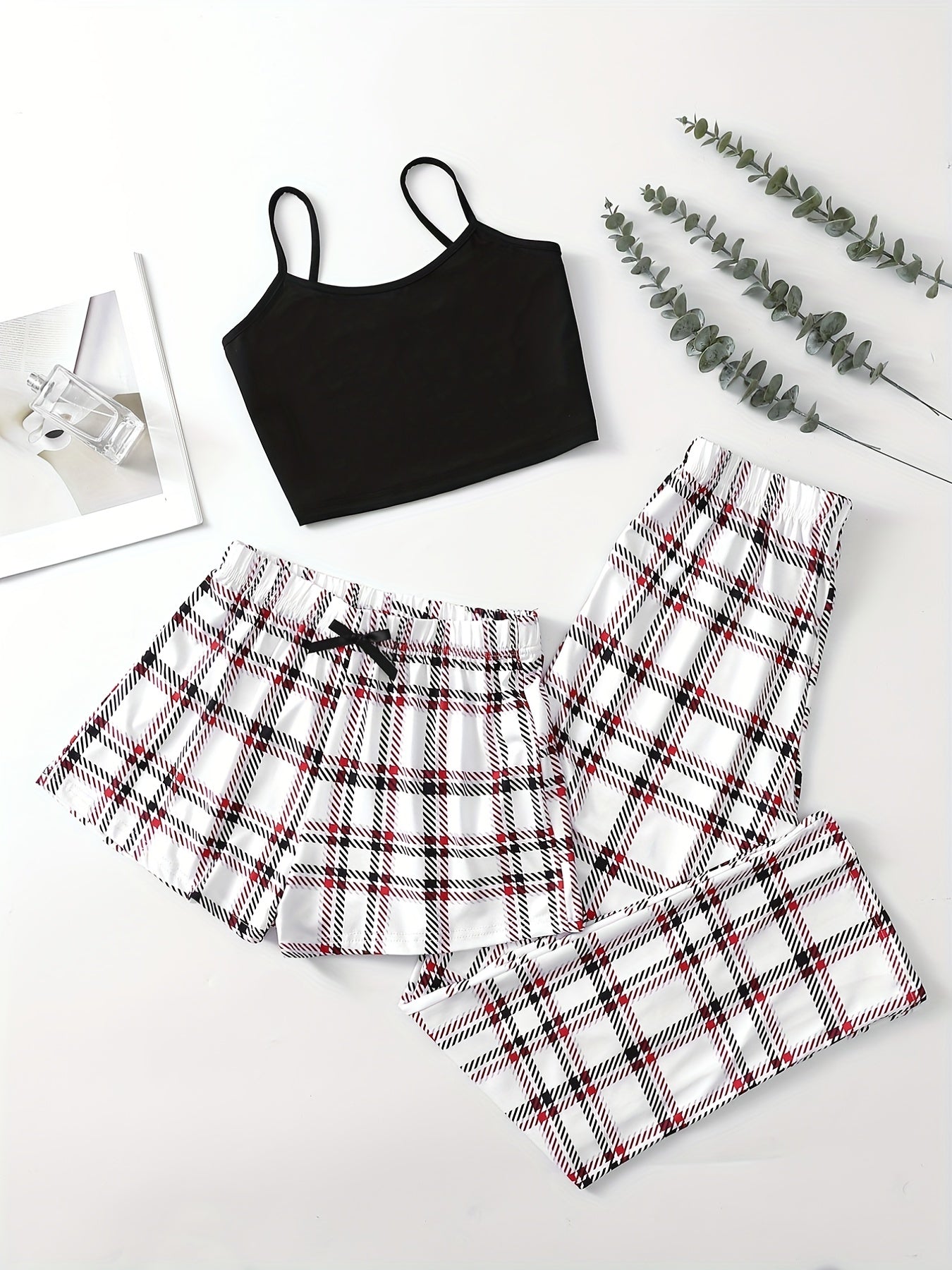 Plaid Print Pajama Set Cami Top & Bow Shorts Women's Sleepwear