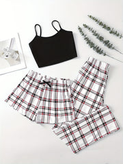 Plaid Print Pajama Set Cami Top & Bow Shorts Women's Sleepwear