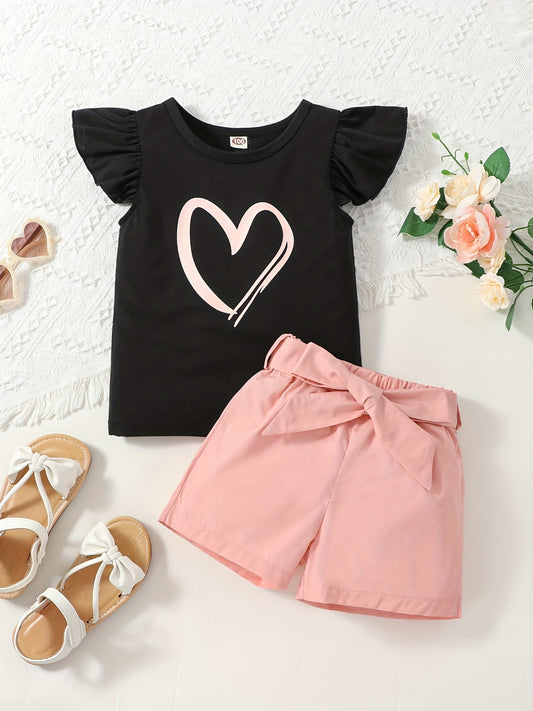 2pcs Toddler Girls Heart Graphic Ruffle Trim T Shirts & Belted Shorts Set