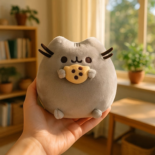 Cookie Cat Plush Toy Soft Stuffed Animal with Cookie 10in High Gray Home Decor