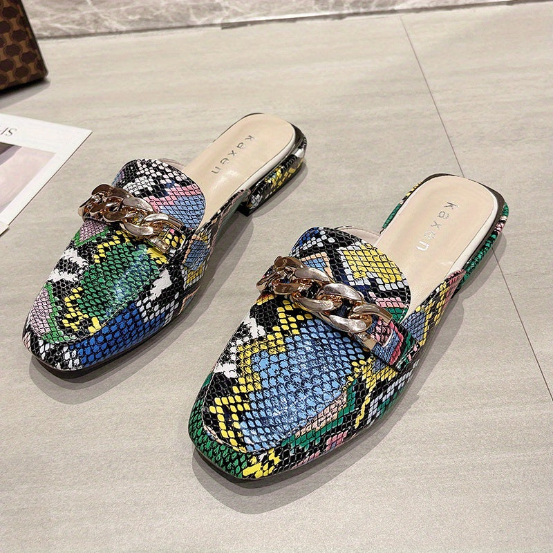 Women's Crocodile Print Chain Mules Square Toe Slipper Shoes