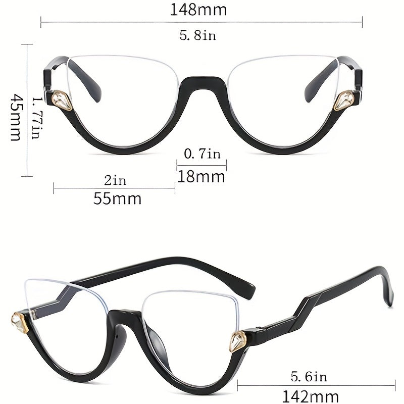 Semi Rimless Cat Eye Clear Lens Glasses with Rhinestone Decor