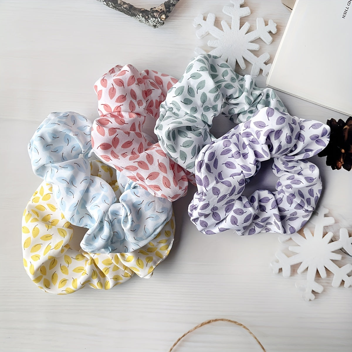5pcs Leaf Pattern Chiffon Scrunchies Hair Tie Ponytail Holder for Women Girls
