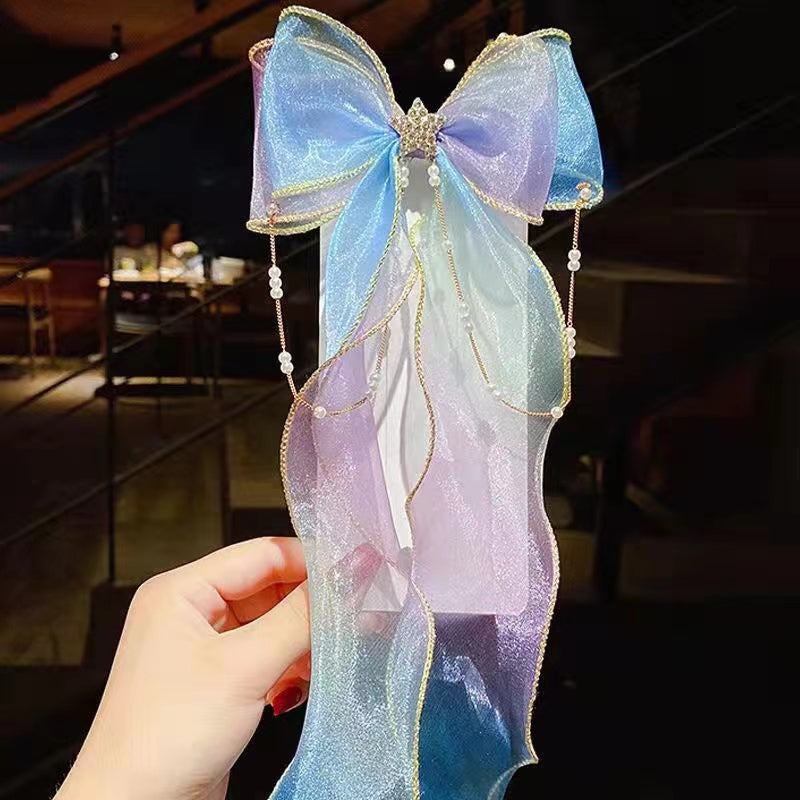 Colorful Ribbon Bow Hair Clips with Faux Pearl Tassel - Party Hair Accessories