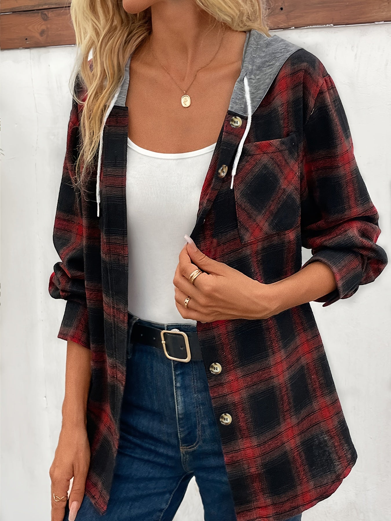  Colorblock Plaid Hooded Shacket