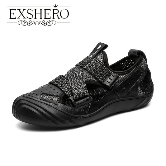 EXSHERO Men's Cowhide Leather Sandals Closed Toe Non slip Outdoor Beach Shoes