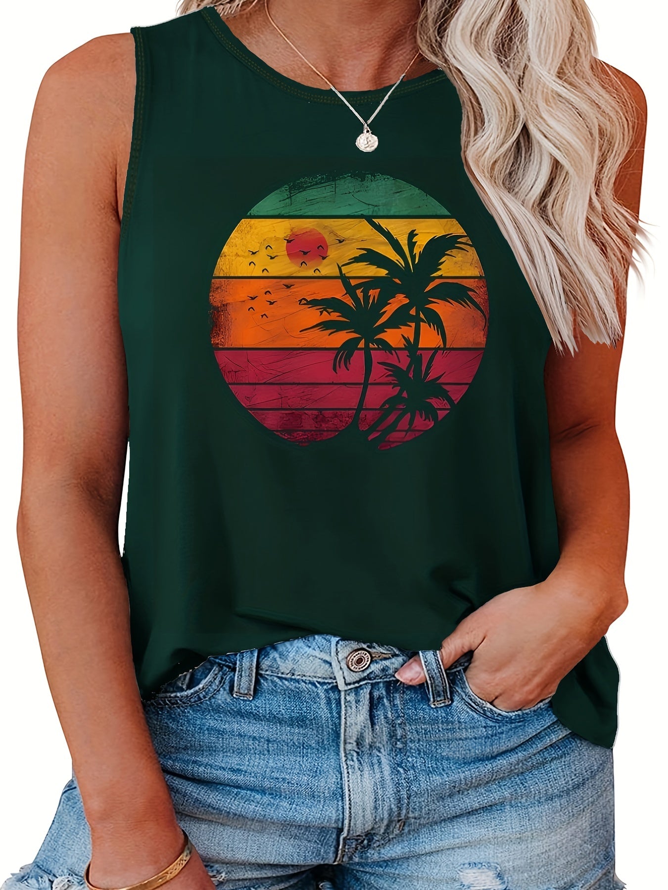  Colorblock Coconut Tree Print Tank Top