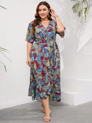  Tropical Print Maxi Wrap Dress With Belt