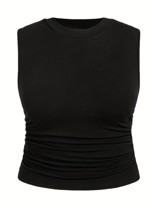  Solid Ruched Tank Top Round Neck Stretch Slim Fit