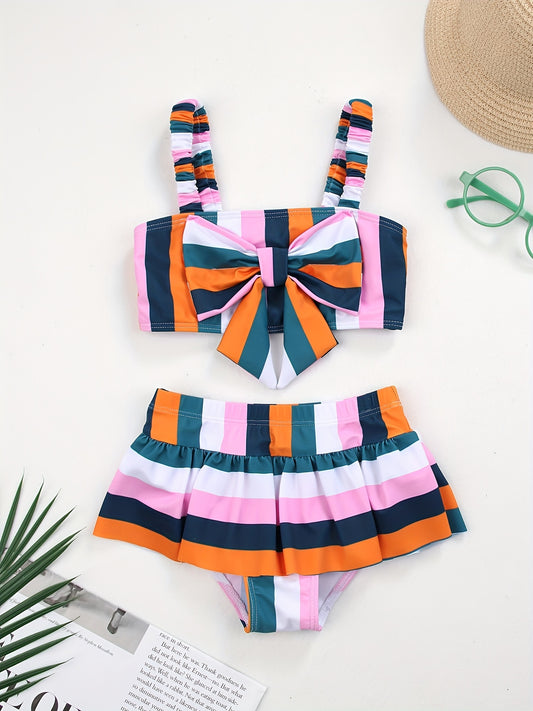 Toddler Girls Stripe Ruffle Bow Bikini Tankini Swimsuit