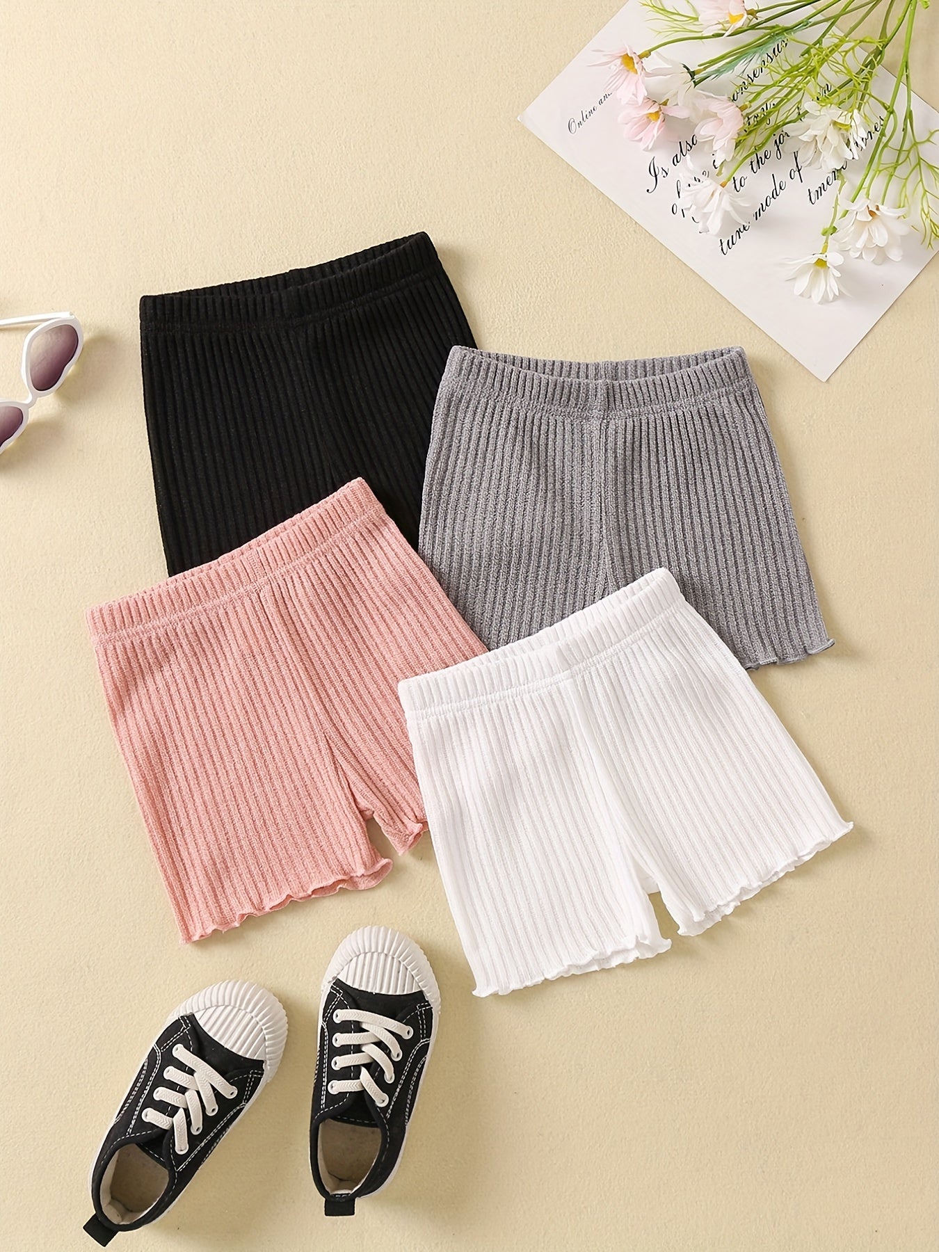 4pcs Girls' Basic Knitted Shorts Set Fringes Casual Stretch Safety Shorts