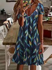 Leaves Print V Neck Dress Vacation Short Sleeve Random Printing Dress