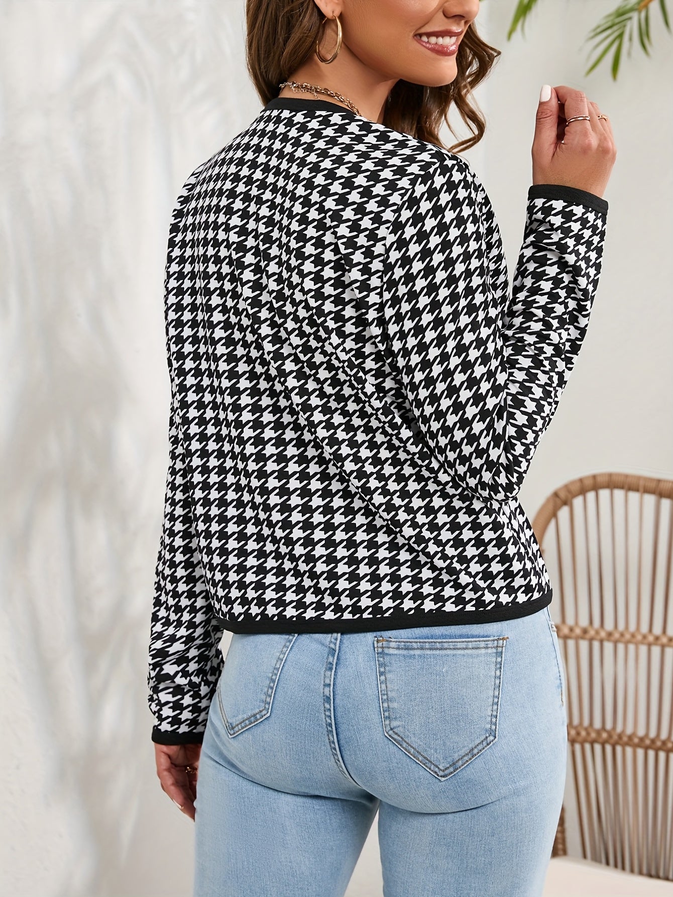 Houndstooth Print Jacket Crew Neck